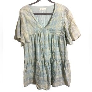 Fanco Blue Yellow Plaid V-Neck Mini Dress‎ Medium